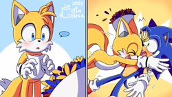 Size: 1920x1080 | Tagged: safe, artist:la_gata_golosa_, miles "tails" prower, sonic the hedgehog, ..., 2023, abstract background, blushing, comic, duo, falling, flower bouquet, gay, hugging, mouth open, panels, shipping, signature, smile, sonic x tails, surprise hug
