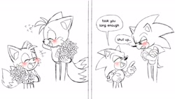 Size: 1920x1080 | Tagged: safe, artist:la_gata_golosa_, miles "tails" prower, sonic the hedgehog, 2023, blushing, classic sonic, classic tails, comic, dialogue, english text, eyes closed, flower bouquet, group, holding something, lidded eyes, line art, looking at each other, modern sonic, modern tails, panels, self paradox, simple background, speech bubble, standing, white background