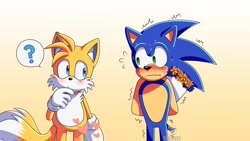 Size: 1920x1080 | Tagged: safe, artist:laclau349, miles "tails" prower, sonic the hedgehog, 2020, blushing, duo, flower bouquet, frown, gay, gradient background, hands behind back, heart, holding something, looking at each other, modern sonic, modern tails, nervous, question mark, shipping, shivering, sonic x tails, sweatdrop