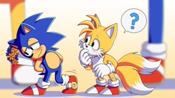 Size: 1920x1080 | Tagged: safe, artist:laclau349, miles "tails" prower, sonic the hedgehog, 2020, abstract background, blushing, classic sonic, classic tails, duo, flower bouquet, gay, holding something, lidded eyes, looking at them, looking away, question mark, shipping, signature, smile, sonic x tails, standing