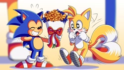 Size: 1920x1080 | Tagged: safe, artist:laclau349, miles "tails" prower, sonic the hedgehog, 2020, abstract background, blushing, bow, classic sonic, classic tails, cute, duo, eyes closed, flower bouquet, gay, hand behind head, heart, heart tail, holding something, looking at something, shipping, smile, sonabetes, sonic x tails, sparkling eyes, tailabetes