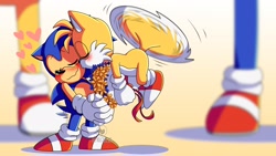 Size: 1920x1080 | Tagged: safe, artist:laclau349, miles "tails" prower, sonic the hedgehog, 2020, abstract background, blushing, classic sonic, classic tails, cute, duo, eyes closed, flower bouquet, flying, gay, heart, holding something, kiss on cheek, shipping, sonabetes, sonic x tails, spinning tails, standing, tailabetes, wagging tail