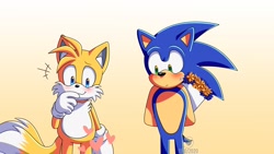 Size: 1920x1080 | Tagged: safe, artist:laclau349, miles "tails" prower, sonic the hedgehog, 2020, blushing, duo, flower bouquet, frown, gay, gradient background, hands behind back, heart, holding something, looking down, modern sonic, modern tails, shipping, smile, sonic x tails, sweatdrop