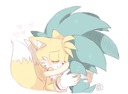 Size: 800x593 | Tagged: safe, artist:fruitie-pie, miles "tails" prower, sonic the hedgehog, 2017, cute, duo, eyes closed, floppy ears, gay, heart, hugging, shipping, signature, simple background, smile, sonabetes, sonic x tails, standing, tailabetes, white background
