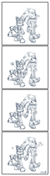 Size: 700x2474 | Tagged: safe, artist:zoomswish, miles "tails" prower, sonic the hedgehog, 2017, comic, duo, frown, gay, heart, holding hands, lidded eyes, line art, looking away, musical notes, panels, shipping, simple background, smile, sonic boom (tv), sonic x tails, standing, whistling, white background
