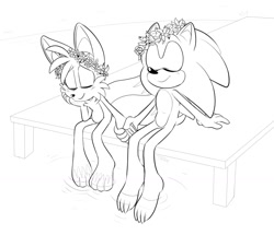 Size: 1280x1102 | Tagged: safe, artist:devotedsidekick, miles "tails" prower, sonic the hedgehog, 2017, barefoot, blushing, cute, duo, eyes closed, flower crown, gay, gloves off, head rest, holding hands, line art, paws, relaxing, shipping, shoes off, sitting, smile, socks off, sonabetes, sonic x tails, tailabetes, water
