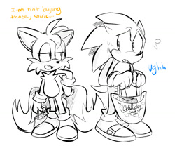 Size: 1280x1067 | Tagged: dead source, safe, artist:bunonii, miles "tails" prower, sonic the hedgehog, 2017, bag, clenched teeth, dialogue, english text, floppy ears, frown, gay, holding something, lidded eyes, line art, looking at each other, mouth open, shipping, shopping, shopping bag, simple background, smile, sonic x tails, standing, sweatdrop, white background