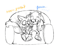 Size: 1280x1067 | Tagged: dead source, safe, artist:bunonii, miles "tails" prower, sonic the hedgehog, 2017, blushing, couch, dialogue, duo, english text, gay, line art, looking at each other, misunderstanding, netflix and chill, shipping, simple background, sitting, smile, sofa, sonic x tails, tail hug, white background, wink