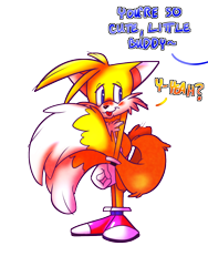 Size: 960x1280 | Tagged: safe, artist:trevor-fox, miles "tails" prower, 2017, blushing, cute, dialogue, english text, floppy ears, gay, holding tail, implied sonic, looking offscreen, offscreen character, shipping, simple background, smile, solo, sonic x tails, standing, tongue out, transparent background