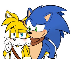 Size: 1280x1066 | Tagged: dead source, safe, artist:bunonii, miles "tails" prower, sonic the hedgehog, 2017, arm around shoulders, blushing, duo, flat colors, frown, gay, lidded eyes, looking ahead, looking at them, shipping, simple background, smile, sonic boom (tv), sonic x tails, standing, sweatdrop, white background