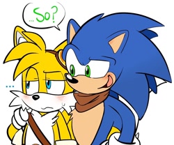 Size: 1280x1066 | Tagged: dead source, safe, artist:bunonii, miles "tails" prower, sonic the hedgehog, ..., 2017, arm around shoulders, blushing, dialogue, duo, english text, flat colors, frown, gay, lidded eyes, looking at them, looking away, mouth open, shipping, simple background, smile, sonic boom (tv), sonic x tails, speech bubble, standing, sweatdrop, white background