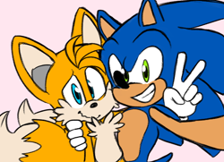 Size: 650x470 | Tagged: safe, artist:sp-rings, miles "tails" prower, sonic the hedgehog, arm around shoulders, duo, gay, holding something, looking at camera, looking at viewer, pink background, selfie, shipping, simple background, smile, sonic x tails, standing, v sign