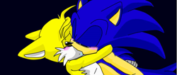 Size: 641x271 | Tagged: safe, artist:caretix, miles "tails" prower, sonic the hedgehog, 2017, black background, blushing, duo, eyes closed, gay, holding each other, kiss, shipping, simple background, sonic x tails