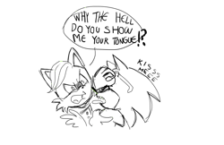 Size: 1080x700 | Tagged: safe, artist:emilywiccan, miles (anti-mobius), scourge the hedgehog, angry, attempted kiss, dialogue, duo, english text, gay, line art, looking at them, scouriles, sharp teeth, shipping, simple background, speech bubble, tongue out, white background