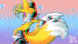 Size: 800x450 | Tagged: safe, artist:alexis-frix, miles "tails" prower, 2017, glitch, gradient background, looking back at viewer, signature, smile, solo