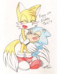 Size: 1280x1655 | Tagged: safe, artist:esbelle, miles "tails" prower, sonic the hedgehog, 2017, birthday, blushing, classic sonic, crying, cute, dawww, duo, english text, heart, hugging, modern tails, mouth open, signature, smile, sonabetes, standing, tailabetes, tears, tears of happiness, traditional media