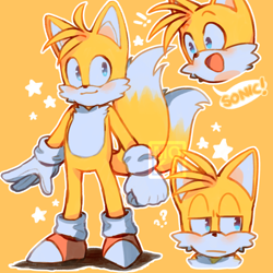 Size: 1280x1280 | Tagged: safe, artist:coffeebear-sama, miles "tails" prower, blushing, english text, exclamation mark, frown, implied sonic, lidded eyes, looking at viewer, looking offscreen, mouth open, outline, question mark, signature, simple background, smile, solo, standing, star (symbol), yellow background