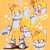 Size: 1280x1280 | Tagged: safe, artist:coffeebear-sama, miles "tails" prower, blushing, english text, exclamation mark, frown, implied sonic, lidded eyes, looking offscreen, mouth open, outline, question mark, signature, simple background, smile, solo, standing, star (symbol), watermark, white outline, yellow background