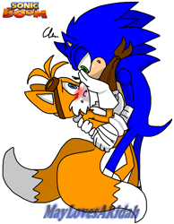 Size: 1280x1648 | Tagged: safe, artist:maylovesakidah, miles "tails" prower, sonic the hedgehog, 2017, blushing, covering another's mouth, duo, embarrassed, gay, holding them, lidded eyes, logo, looking at each other, mouth open, shipping, signature, simple background, sonic boom (tv), sonic x tails, standing, sweatdrop, watermark, white background
