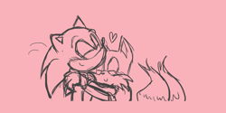 Size: 1000x500 | Tagged: safe, artist:emilywiccan, miles "tails" prower, sonic the hedgehog, 2017, cute, duo, eyes closed, gay, heart, hugging, line art, pink background, shipping, simple background, sketch, smile, sonabetes, sonic x tails, tailabetes