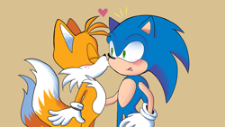 Size: 1280x720 | Tagged: safe, artist:emilywiccan, miles "tails" prower, sonic the hedgehog, beige background, duo, eyes closed, gay, heart, kiss on cheek, looking at them, shipping, simple background, sonic x tails, standing, surprise kiss, surprised