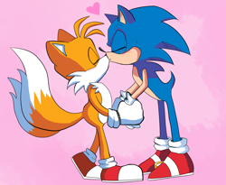 Size: 1100x900 | Tagged: safe, artist:emilywiccan, miles "tails" prower, sonic the hedgehog, abstract background, blushing, duo, eyes closed, gay, heart, holding hands, kiss, leaning forward, shipping, sonic x tails, standing, sweatdrop