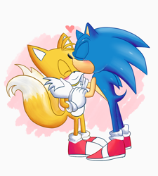 Size: 1080x1200 | Tagged: safe, artist:emilywiccan, miles "tails" prower, sonic the hedgehog, abstract background, blushing, cute, duo, eyes closed, gay, heart, holding hands, kiss on head, shipping, smile, sonabetes, sonic x tails, standing, tailabetes