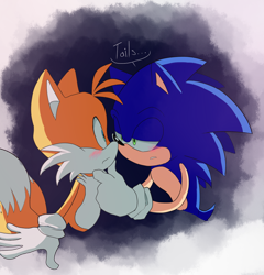 Size: 1150x1200 | Tagged: safe, artist:emilywiccan, miles "tails" prower, sonic the hedgehog, blushing, dialogue, duo, english text, frown, gay, hand on another's chin, lidded eyes, looking at each other, semi-transparent background, shipping, smile, sonic x tails, standing