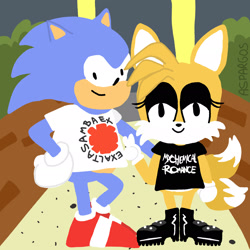 Size: 1920x1920 | Tagged: safe, artist:yumi miranda, miles "tails" prower, sonic the hedgehog, 2022, boots, duo, eyelashes, eyeshadow, lineless, looking at viewer, outdoors, shirt, smile, standing, words on a shirt