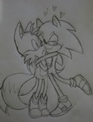 Size: 1280x1678 | Tagged: safe, artist:emilywiccan, miles "tails" prower, sonic the hedgehog, blushing, cute, duo, frown, gay, heart, hugging, line art, pencilwork, shipping, sketch, smile, sonabetes, sonic x tails, standing