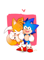 Size: 640x859 | Tagged: safe, artist:coffie-76, miles "tails" prower, sonic the hedgehog, abstract background, blushing, classic sonic, classic tails, duo, eyes closed, gay, heart, kiss on cheek, mouth open, shipping, signature, sonic x tails, standing, surprise kiss, surprised