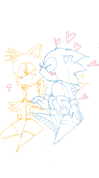 Size: 719x1280 | Tagged: safe, artist:cd-sonic, miles "tails" prower, sonic the hedgehog, sonic the ova, 2017, duo, eyes closed, gay, heart, kiss on cheek, line art, one eye closed, shipping, simple background, sitting, sketch, sonic x tails, white background