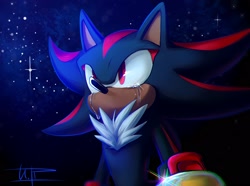 Size: 2048x1523 | Tagged: safe, artist:ira_theartist, shadow the hedgehog, 2023, abstract background, crying, looking ahead, nighttime, outdoors, signature, solo, standing, star (sky), tears, tears of sadness