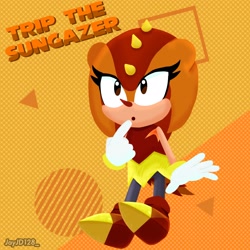 Size: 2048x2048 | Tagged: safe, artist:jayjd128_, trip the sungazer, sonic superstars, 2023, :o, abstract background, character name, dress, lineless, looking ahead, mobianified, no outlines, solo, standing