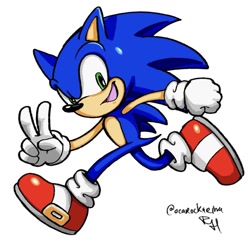 Size: 1317x1275 | Tagged: safe, artist:ocarockarina, sonic the hedgehog, 2023, clenched fist, looking at viewer, modern sonic, running, simple background, smile, solo, sonic advance, v sign, white background