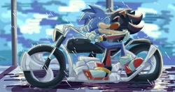 Size: 2047x1078 | Tagged: safe, artist:dumbanimefreak, shadow the hedgehog, sonic the hedgehog, 2023, abstract background, duo, eyes closed, gay, holding each other, hugging, kiss, motorcycle, outdoors, rain, shadow x sonic, shipping, sitting