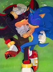 Size: 1520x2048 | Tagged: safe, artist:niku_wee, shadow the hedgehog, sonic the hedgehog, 2023, abstract background, cute, duo, eyes closed, gay, grass, holding each other, lying down, mouth open, outdoors, shadow x sonic, shadowbetes, shipping, signature, sleeping, sonabetes