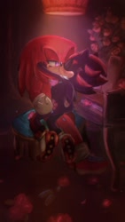 Size: 1152x2048 | Tagged: safe, artist:pepper_syrup, knuckles the echidna, shadow the hedgehog, 2023, abstract background, blushing, duo, eyes closed, flower, gay, holding each other, indoors, kiss, knuxadow, lidded eyes, looking at them, shipping, sitting