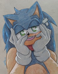 Size: 1600x2048 | Tagged: safe, artist:hayweerc, sonic the hedgehog, 2023, alternate universe, bandaid, fangs, hands on own face, heart eyes, lidded eyes, looking at viewer, mouth open, signature, smile, solo, traditional media, yandere