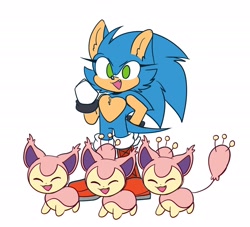 Size: 2048x1862 | Tagged: safe, artist:syrcaii, sonic the hedgehog, 2023, alternate universe, ambiguous gender, au:resonance, crossover, cute, group, looking at viewer, nonbinary, pokemon, simple background, skitty, smile, sonabetes, standing, white background