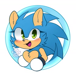 Size: 1596x1596 | Tagged: safe, artist:syrcaii, sonic the hedgehog, :3, alternate universe, au:resonance, blushing, cheek fluff, chest fluff, cute, faux sticker, looking at viewer, nonbinary, one fang, signature, simple background, smile, solo, sonabetes, white background