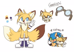 Size: 2048x1439 | Tagged: safe, artist:syrcaii, miles "tails" prower, sonic the hedgehog, 2023, alternate universe, au:resonance, blue shoes, boots, duo, english text, goggles, looking at viewer, male, nonbinary, siblings, simple background, solo focus, standing, v sign, white background