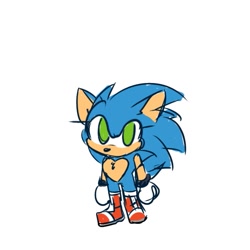 Size: 829x830 | Tagged: safe, artist:syrcaii, sonic the hedgehog, 2023, au:resonance, boots, chest fluff, cute, looking up, nonbinary, simple background, sketch, small, sonabetes, standing, white background