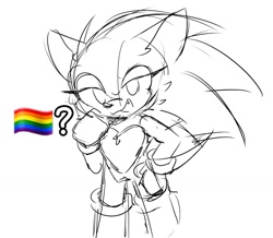 Size: 1571x1372 | Tagged: safe, artist:syrcaii, sonic the hedgehog, 2023, au:resonance, cute, lidded eyes, line art, looking at viewer, meme, mouth open, nonbinary, one fang, pride flag, question mark, simple background, sketch, solo, sonabetes, standing, white background, 🏳️‍🌈❓️