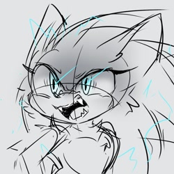 Size: 1122x1122 | Tagged: safe, artist:syrcaii, sonic the hedgehog, 2022, angry, au:resonance, fangs, glowing eyes, grey background, line art, looking ahead, mouth open, nonbinary, simple background, sketch, solo, standing
