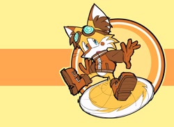 Size: 2048x1492 | Tagged: safe, artist:superscarydemon, miles "tails" prower, 2023, arms out, aviator jacket, boots, brown gloves, brown shoes, colored ears, ear fluff, flying, goggles, goggles on head, looking offscreen, mouth open, redesign, solo, spinning tails