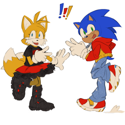 Size: 1486x1486 | Tagged: safe, artist:mealbits, miles "tails" prower, sonic the hedgehog, backwards v sign, boots, clothes, dress, duo, dust clouds, exclamation mark, eye twitch, female, jacket, looking at viewer, male, pants, simple background, smile, tights, tongue out, trans female, transgender, white background