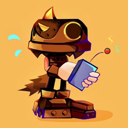 Size: 2048x2048 | Tagged: safe, artist:kuroiyuki96, trip the sungazer, sonic superstars, holding something, looking offscreen, remote controller, robot, shadow (lighting), simple background, solo, standing, trip's helmet, yellow background