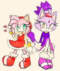 Size: 550x651 | Tagged: safe, artist:megalatias, amy rose, blaze the cat, cat, hedgehog, 2015, amy x blaze, amy's halterneck dress, blaze's tailcoat, cute, female, females only, hand on head, hearts, lesbian, looking at them, shipping