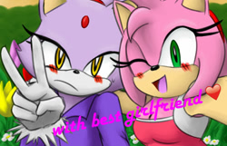 Size: 1024x658 | Tagged: safe, artist:shimecm, amy rose, blaze the cat, cat, hedgehog, 2018, amy x blaze, blushing, cute, english text, female, females only, heart, lesbian, looking at viewer, one eye closed, peace sign, selfie, shipping